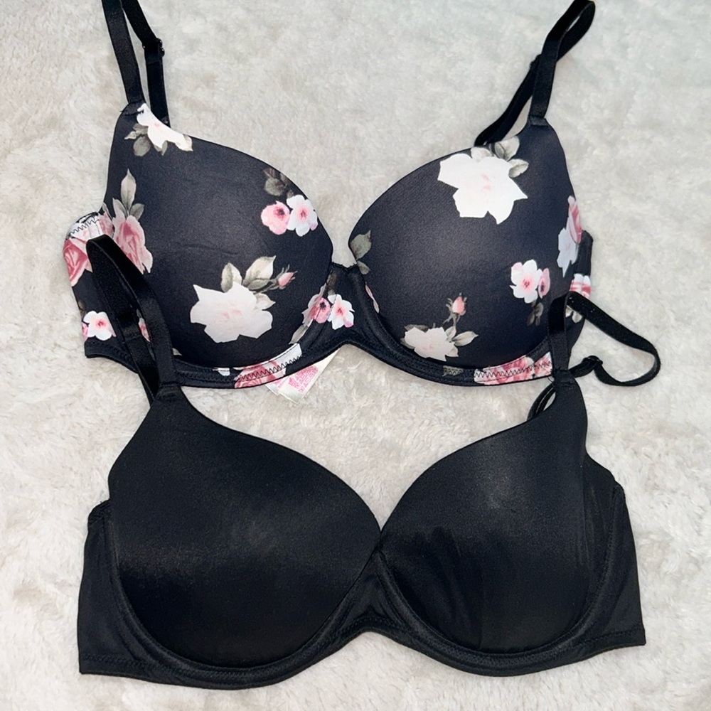 Black Floral and Solid Black Push-Up Bras - Women Intimates